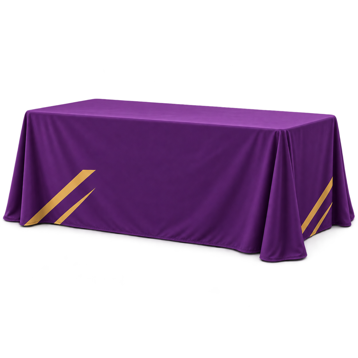 Illustrative six-foot loose printed table throw in matching purple and gold
